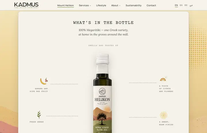 The Mount Helikon page in English: the olive oil bottle in the centre, four tasting notes around it and the heading “What’s in the bottle” above, under the Kadmus menu.