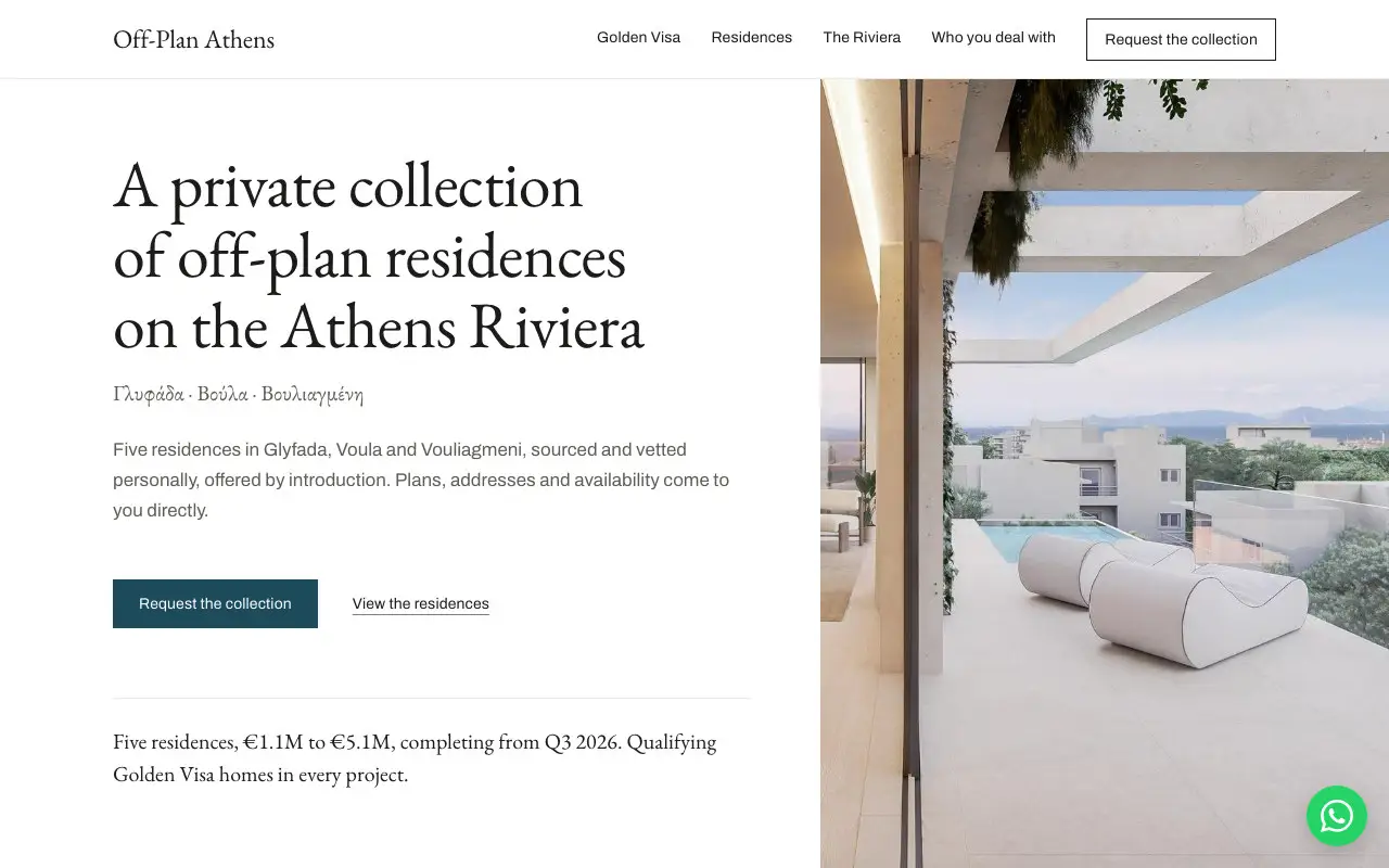The offplanathens.com home page on a desktop screen: the heading “A private collection of off-plan residences on the Athens Riviera”, two buttons, and on the right a residence’s terrace with a pool.