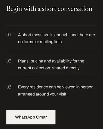 The inquiry section of offplanathens.com on a phone screen: the heading “Begin with a short conversation”, three numbered steps and a “WhatsApp Omar” button.